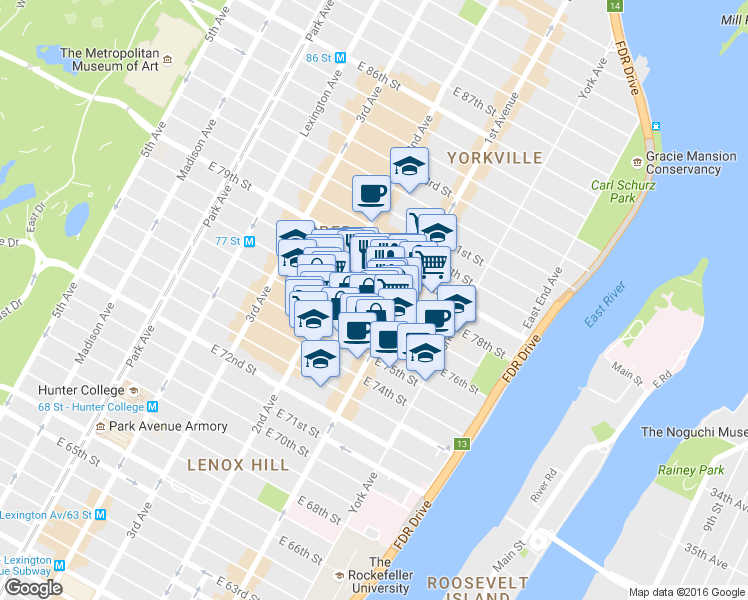 map of restaurants, bars, coffee shops, grocery stores, and more near 345 East 77th Street in New York
