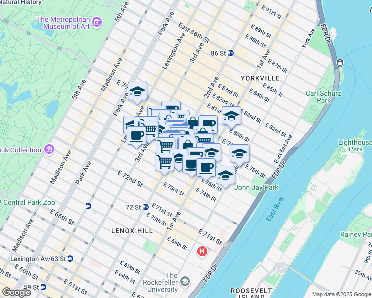 map of restaurants, bars, coffee shops, grocery stores, and more near 1460 2nd Avenue in New York