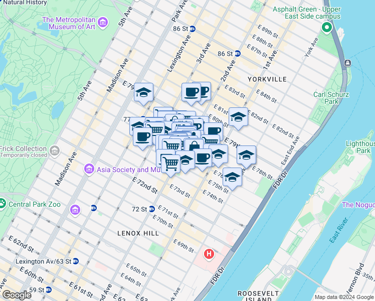 map of restaurants, bars, coffee shops, grocery stores, and more near 1460 2nd Avenue in New York