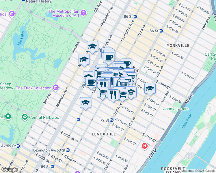map of restaurants, bars, coffee shops, grocery stores, and more near 1309 3rd Avenue in New York