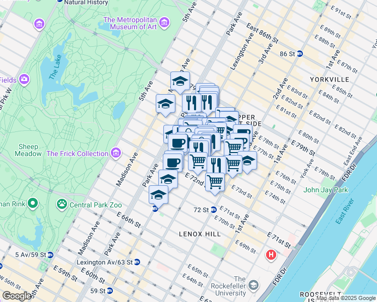 map of restaurants, bars, coffee shops, grocery stores, and more near 161 East 74th Street in New York