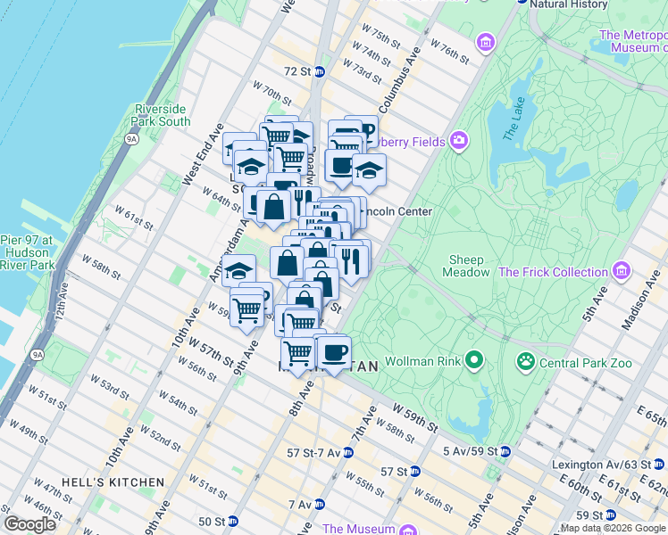 map of restaurants, bars, coffee shops, grocery stores, and more near in New York