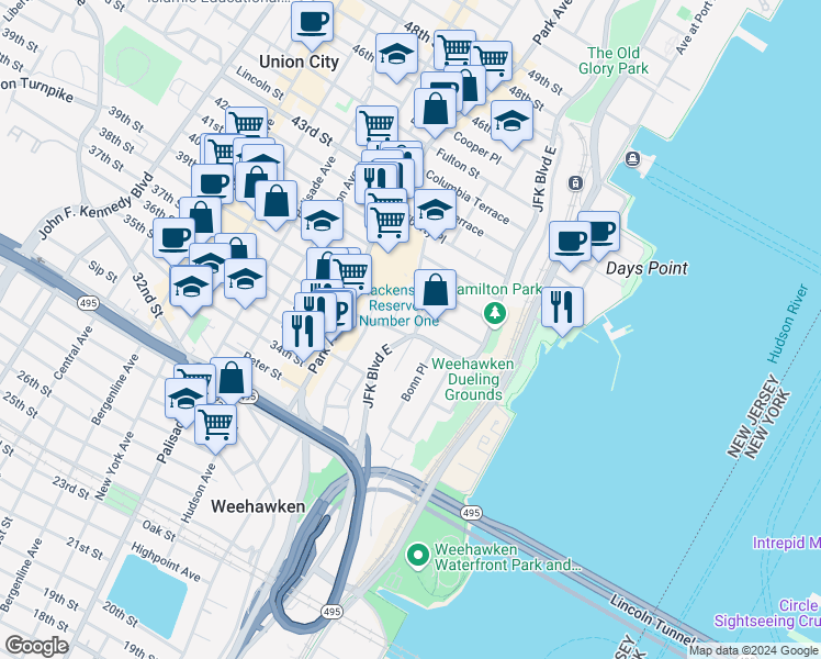 map of restaurants, bars, coffee shops, grocery stores, and more near in Weehawken Township