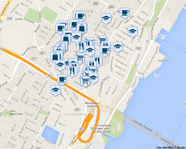 map of restaurants, bars, coffee shops, grocery stores, and more near 3516 Park Avenue in Weehawken