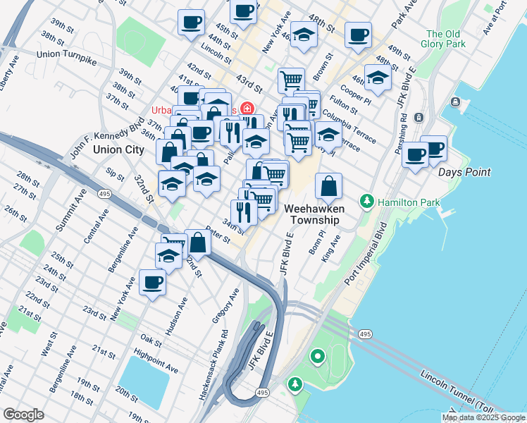 map of restaurants, bars, coffee shops, grocery stores, and more near 3516 Park Avenue in Weehawken