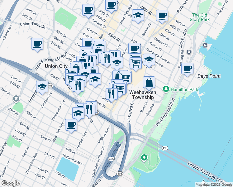 map of restaurants, bars, coffee shops, grocery stores, and more near 118 35th Street in Union City