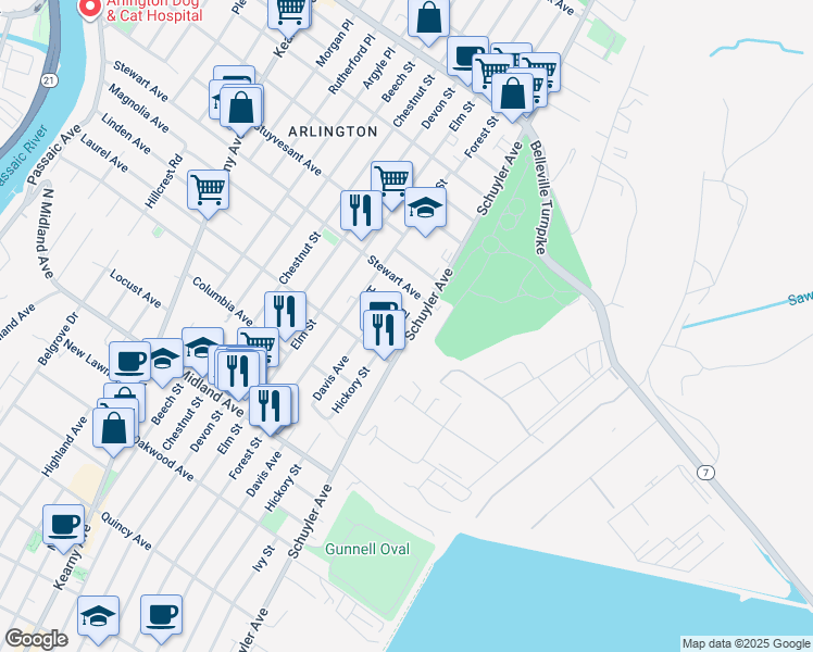 map of restaurants, bars, coffee shops, grocery stores, and more near 700 Schuyler Avenue in Kearny