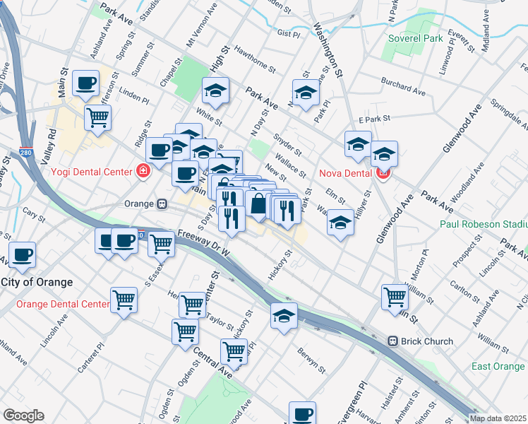 map of restaurants, bars, coffee shops, grocery stores, and more near 229 Main Street in City of Orange