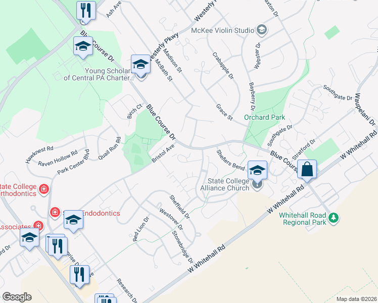 map of restaurants, bars, coffee shops, grocery stores, and more near 1300-1354 Blue Course Drive in Centre