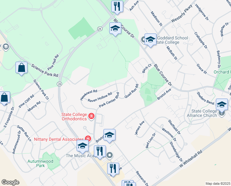 map of restaurants, bars, coffee shops, grocery stores, and more near Raven Hollow Rd in State College