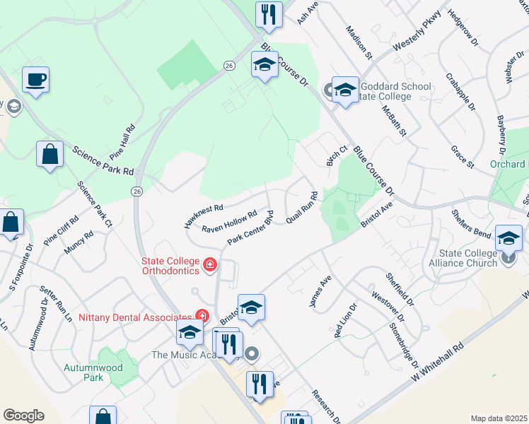 map of restaurants, bars, coffee shops, grocery stores, and more near Raven Hollow Rd in State College