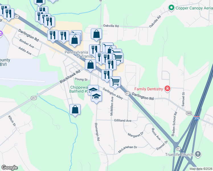 map of restaurants, bars, coffee shops, grocery stores, and more near 2535 Darlington Road in Beaver Falls