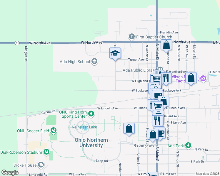 map of restaurants, bars, coffee shops, grocery stores, and more near 578-698 West Buckeye Street in Ada