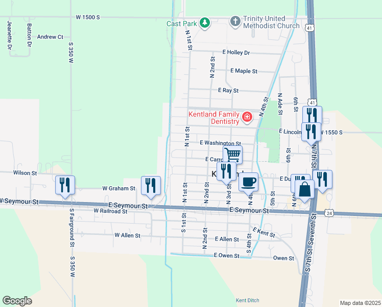 map of restaurants, bars, coffee shops, grocery stores, and more near 102 East Carroll Street in Kentland
