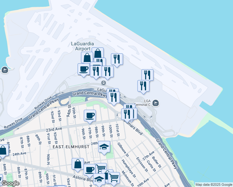 map of restaurants, bars, coffee shops, grocery stores, and more near LaGuardia Road in Queens