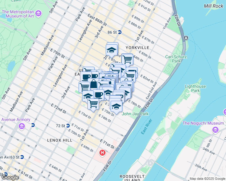 map of restaurants, bars, coffee shops, grocery stores, and more near 401 East 78th Street in New York