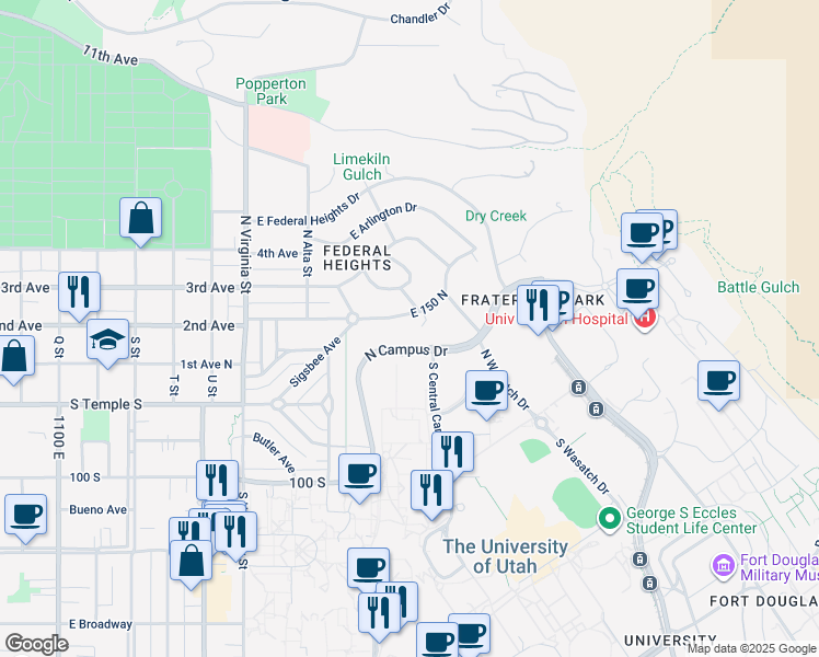 map of restaurants, bars, coffee shops, grocery stores, and more near 1470 Military Way in Salt Lake City