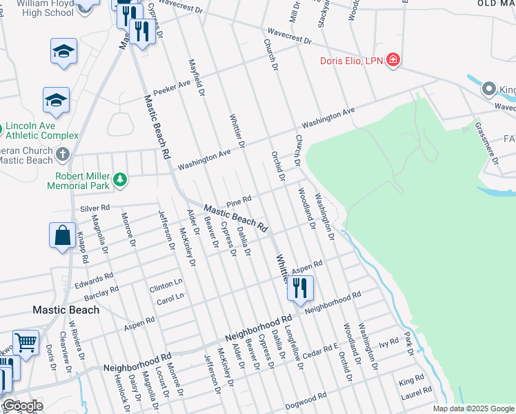 map of restaurants, bars, coffee shops, grocery stores, and more near 192 Whittier Drive in Mastic Beach