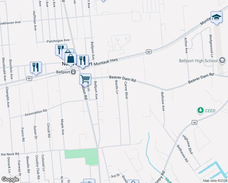 map of restaurants, bars, coffee shops, grocery stores, and more near 76 Wards Lane in Bellport