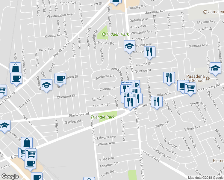 map of restaurants, bars, coffee shops, grocery stores, and more near 22 Cornell Lane in Hicksville