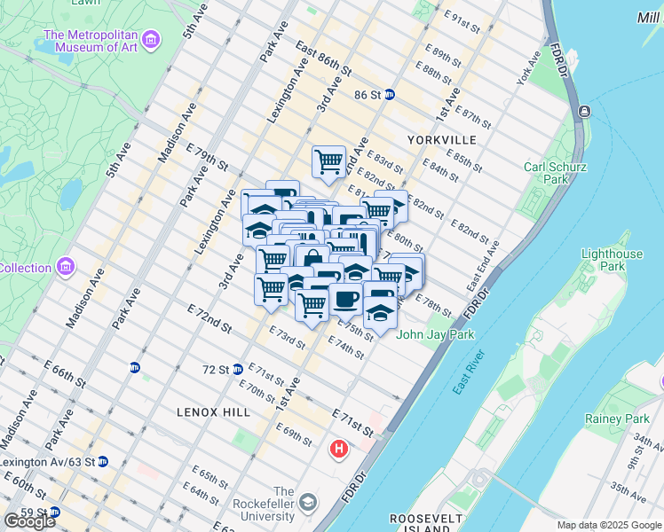 map of restaurants, bars, coffee shops, grocery stores, and more near 345 East 77th Street in New York