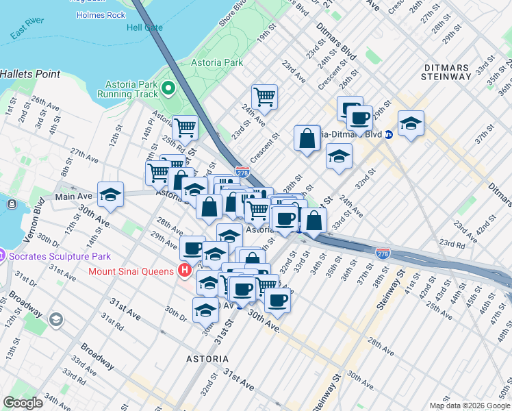map of restaurants, bars, coffee shops, grocery stores, and more near 27-14 Hoyt Avenue South in Queens