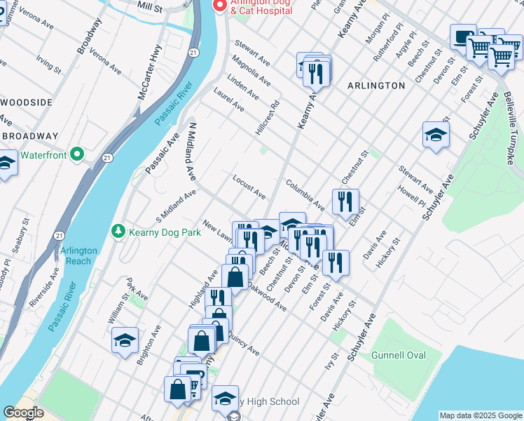 map of restaurants, bars, coffee shops, grocery stores, and more near 601 Kearny Avenue in Kearny