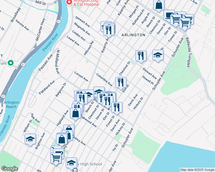 map of restaurants, bars, coffee shops, grocery stores, and more near 60 Columbia Avenue in Kearny