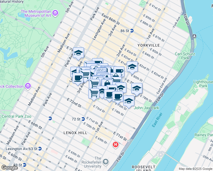 map of restaurants, bars, coffee shops, grocery stores, and more near 308 East 77th Street in New York