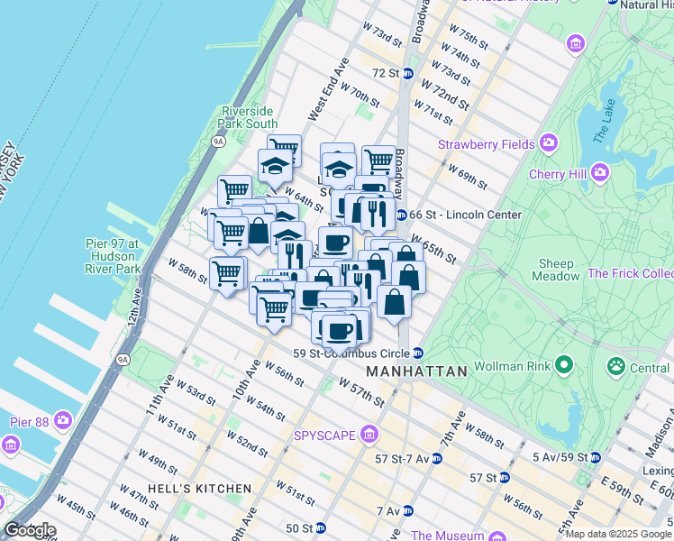map of restaurants, bars, coffee shops, grocery stores, and more near 150 West 62nd Street in New York