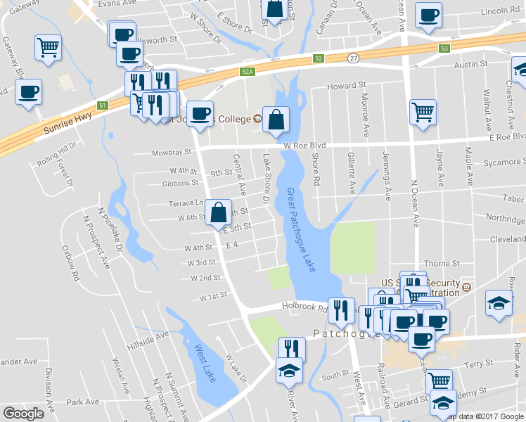 map of restaurants, bars, coffee shops, grocery stores, and more near 74 Lake Shore Drive in Patchogue
