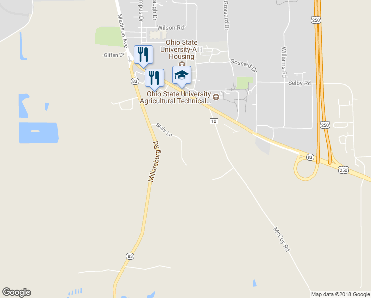 map of restaurants, bars, coffee shops, grocery stores, and more near 2440 Stahr Lane in Wooster