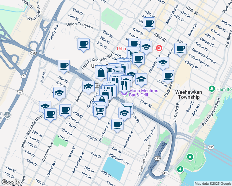 map of restaurants, bars, coffee shops, grocery stores, and more near 3100 Bergenline Avenue in Union City