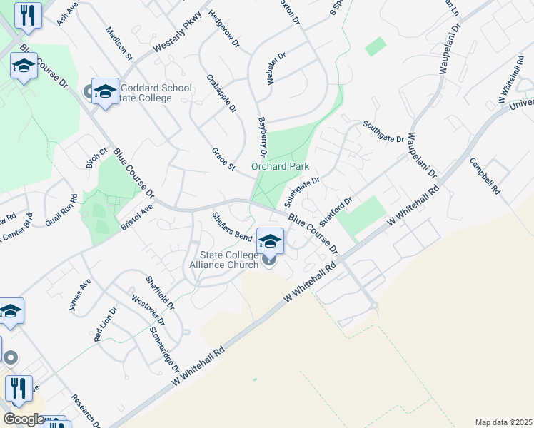 map of restaurants, bars, coffee shops, grocery stores, and more near 1805 Bayfield Court in State College