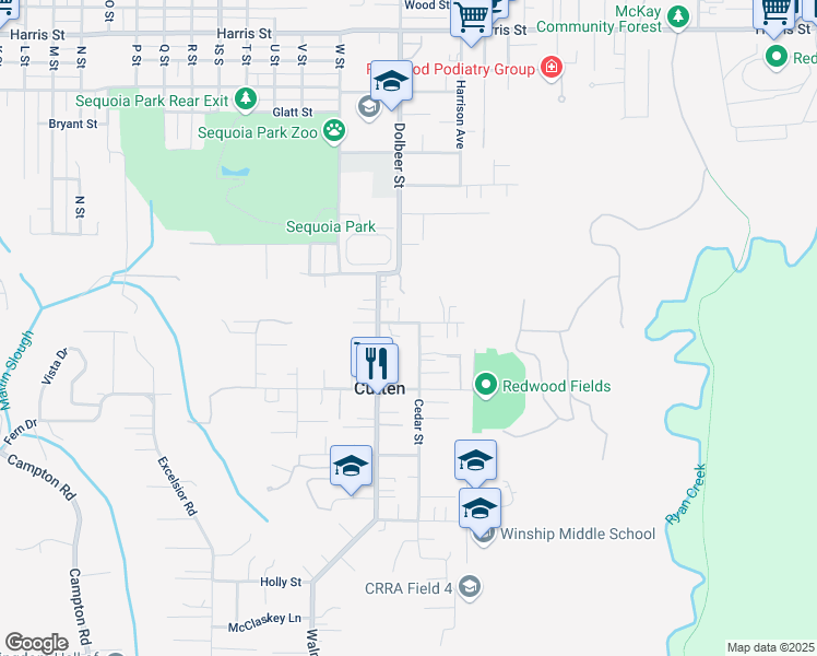 map of restaurants, bars, coffee shops, grocery stores, and more near 2362 Redwood Street in Eureka