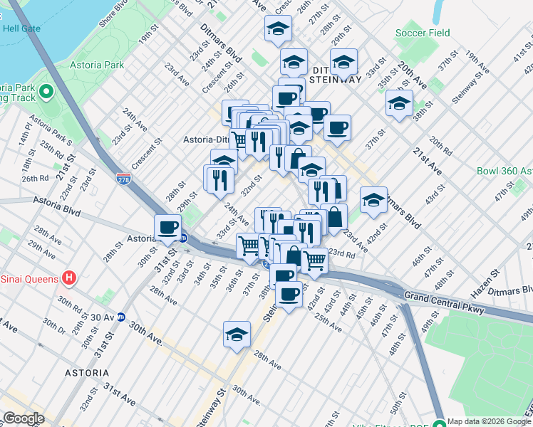 map of restaurants, bars, coffee shops, grocery stores, and more near 23-67 35th Street in Queens