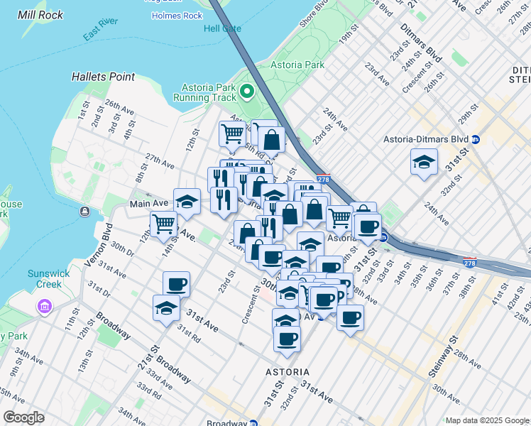 map of restaurants, bars, coffee shops, grocery stores, and more near 23-15 Newtown Avenue in Queens