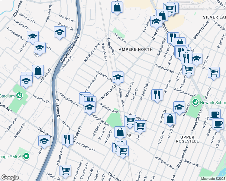 map of restaurants, bars, coffee shops, grocery stores, and more near 550 North Grove Street in East Orange