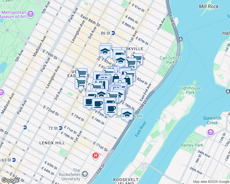map of restaurants, bars, coffee shops, grocery stores, and more near 420 East 79th Street in New York