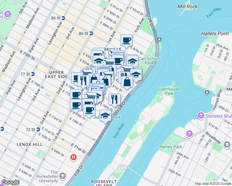 map of restaurants, bars, coffee shops, grocery stores, and more near 525 East 80th Street in New York