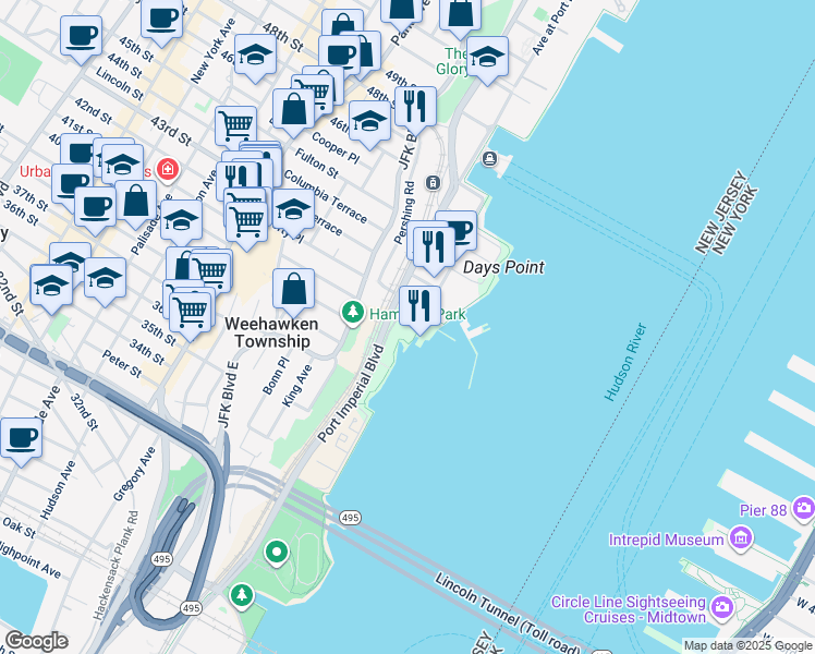 map of restaurants, bars, coffee shops, grocery stores, and more near 2 Carlyle Court in Weehawken