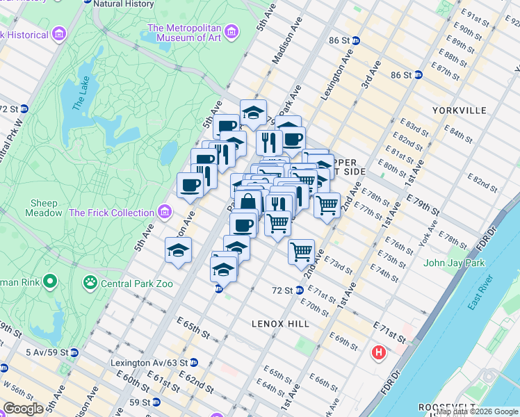 map of restaurants, bars, coffee shops, grocery stores, and more near 125 East 73rd Street in New York