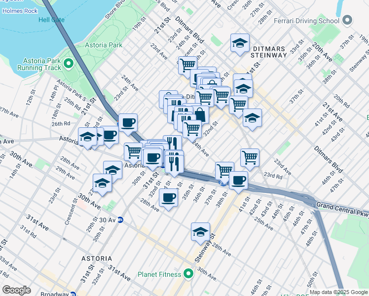map of restaurants, bars, coffee shops, grocery stores, and more near 24-17 31st Street in Queens