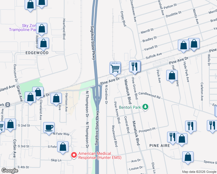 map of restaurants, bars, coffee shops, grocery stores, and more near 1735 North Gardiner Drive in North Bay Shore