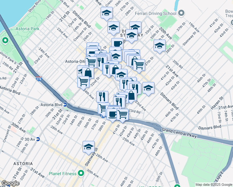 map of restaurants, bars, coffee shops, grocery stores, and more near 23-24 37th Street in Queens