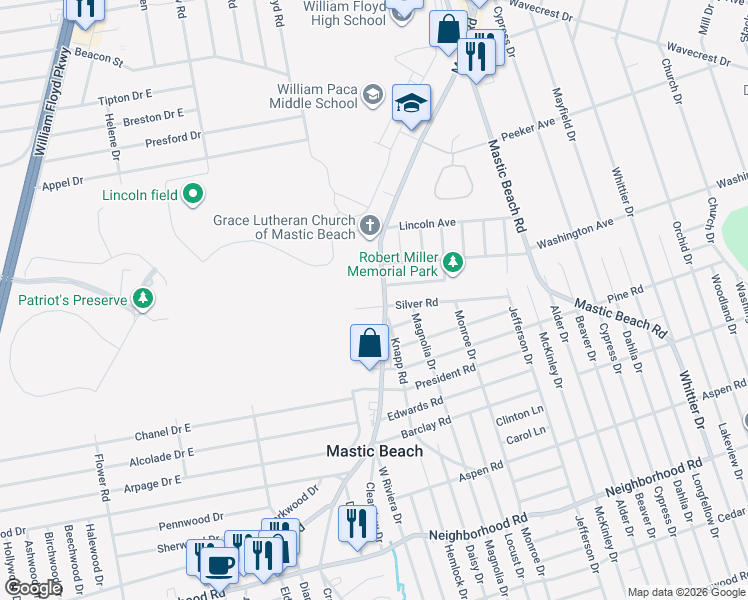 map of restaurants, bars, coffee shops, grocery stores, and more near 65 Silver Road in Mastic Beach