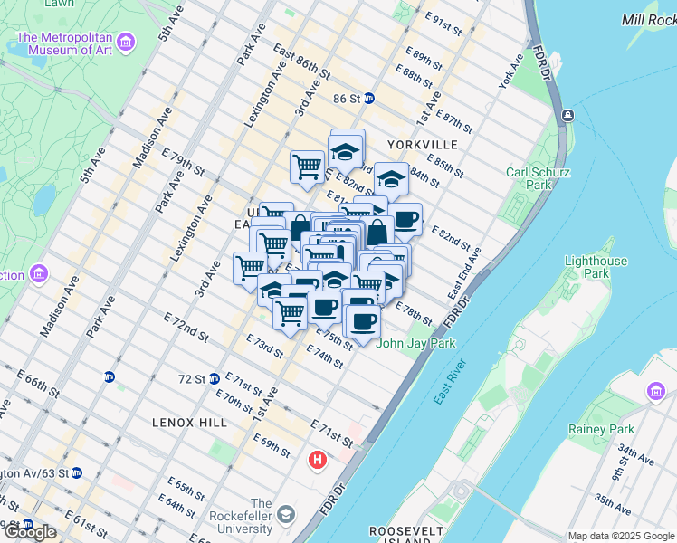 map of restaurants, bars, coffee shops, grocery stores, and more near 1st Avenue & E 78th St in New York