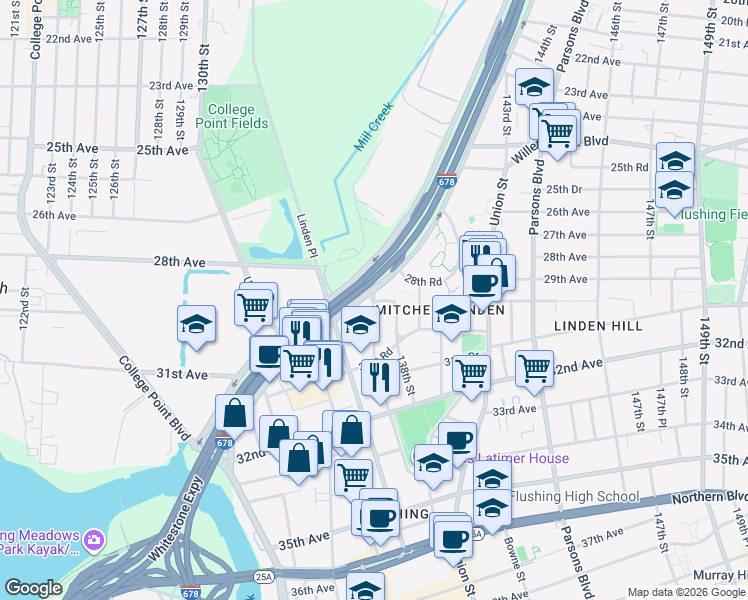 map of restaurants, bars, coffee shops, grocery stores, and more near 29-09 137th Street in Queens