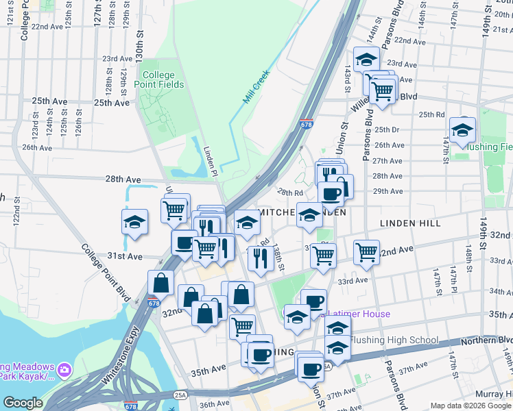 map of restaurants, bars, coffee shops, grocery stores, and more near 29-09 137th Street in Queens
