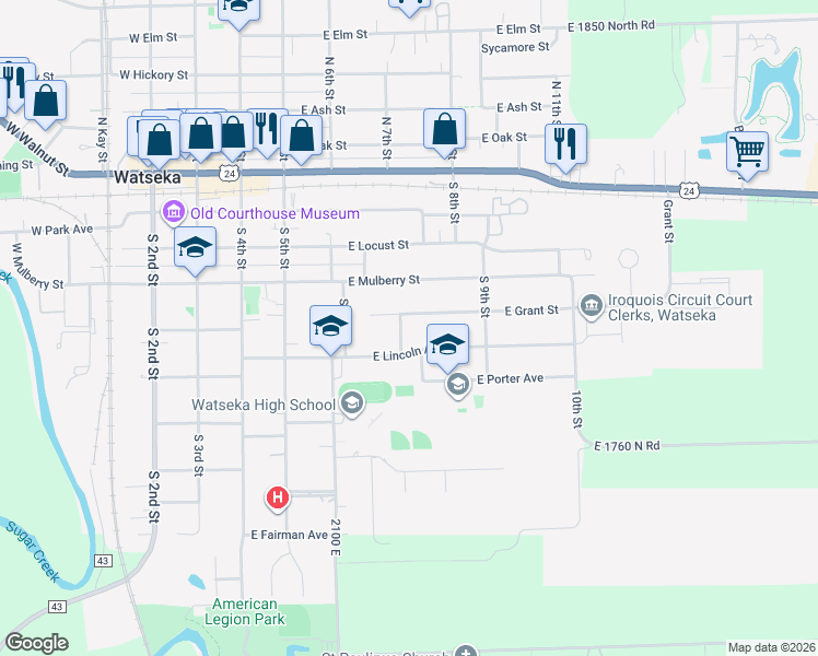 map of restaurants, bars, coffee shops, grocery stores, and more near 440 South Ralph Street in Watseka